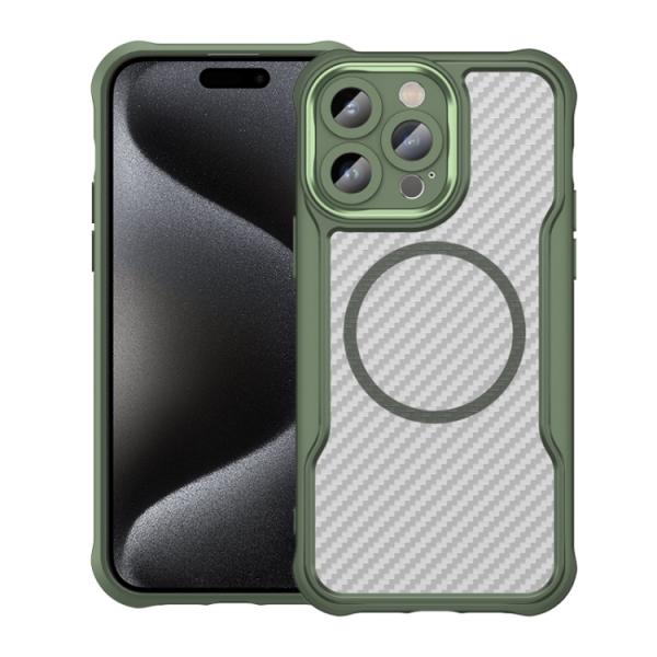 Valmento Elite Carbon – MagSafe kompatible Premium-Schutzhülle für iPhone 15 Pro (Grün, Translucent Carbon Design)